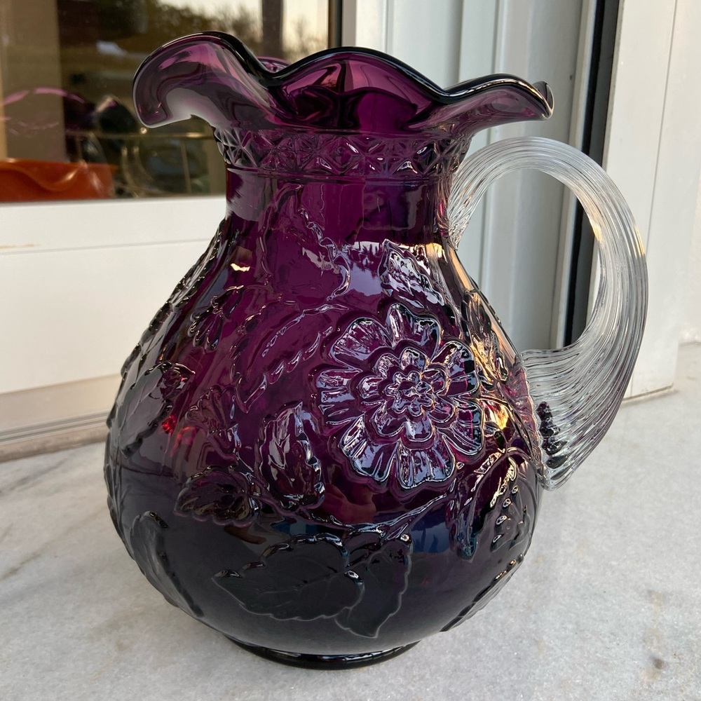 Mosser glass with clear handle, cable grape amethyst pitcher floral leaf pattern